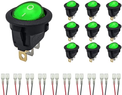 ProRide Wipschakelaar ON-OFF KCD2-12 - met Aansluitkabels - 3-pins - Rond - 12V/20A - Groen - 10 stuks