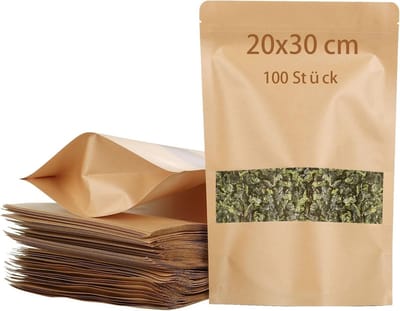 Dailygoods- Papieren Zakken 100 Stuks - Papieren Zakken met Venster - Kraftpapieren Zakken - Voedselveilige Zakjes - Herbruikbare Zakjes - Waterdicht en Oliebestendig - Verpakkingszakken
