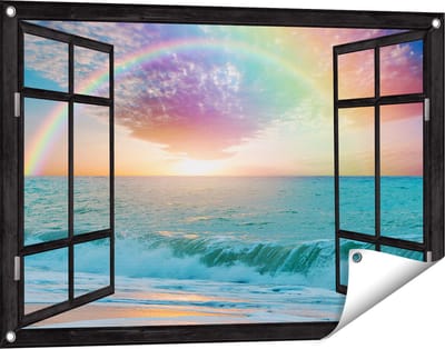 Gards Tuinposter Doorkijk Regenboog in het Water bij het Strand - 90x60 cm - Tuindoek - Tuindecoratie - Wanddecoratie buiten - Tuinschilderij