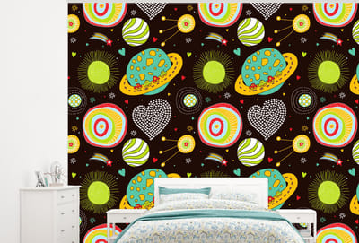 Behang - Fotobehang Patronen - Ruimte - Planeten - Jongens - Kinderen - Kids - Breedte 300 cm x hoogte 240 cm