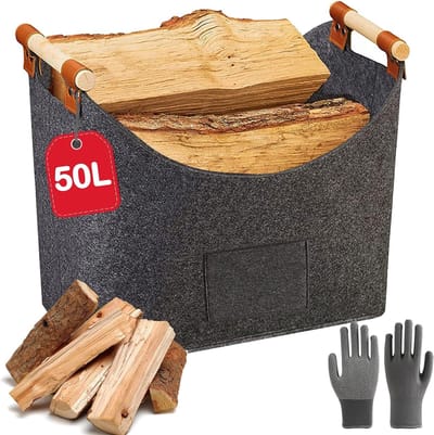 Brandhoutmand XXL met handschoenen, houten mand voor haardhout met antislip handgrepen van extra dik vilt, brandhoutmand, vilten tas, opvouwbaar, voor brandhout, speelgoed, kleding (45 x 32 x40
