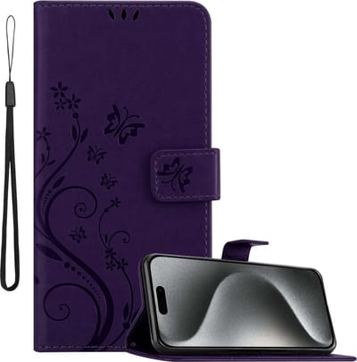 Cadorabo Hoesje geschikt voor Apple iPhone 15 PRO in BLOEMEN DONKER PAARS - Beschermhoes in bloemmotief met magnetische sluiting, standfunctie en kaartsleuven Book Case Cover Etui