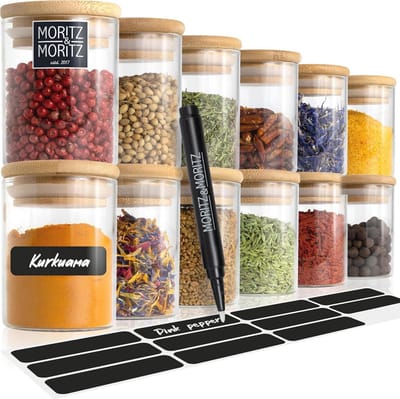 Set van 12 luchtdichte kruidenpotjes met bamboedeksel en krijtstift