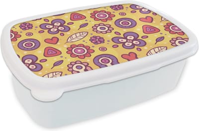 Broodtrommel Wit - Lunchbox Patroon - Bloemen - Paars - Oranje - Brooddoos 18x12x6 cm - Brood lunch box - Broodtrommels voor kinderen en volwassenen