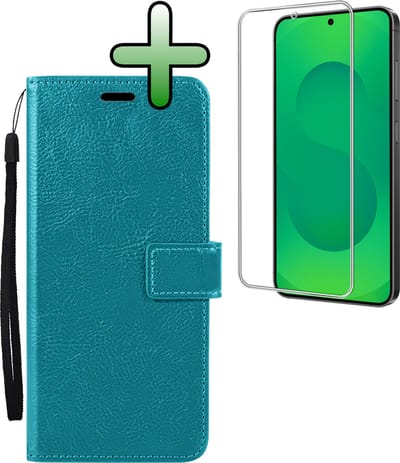 Hoesje Met Screenprotector - Geschikt voor Samsung Galaxy S25 FE - Luxe Pasjeshouder - Bookcase Portemonee - Flip Case - Kunstleer Book Case - Flipcase - Book Cover - Walletcase - Portemonneehoes - Turquoise