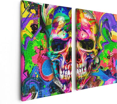 Artaza Canvas Schilderij Tweeluik Gekleurde Schedel - Doodskop - Doodshoofd - 80x60 - Foto Op Canvas - Canvas Print