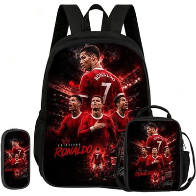 Voetbal Sportrugzak Ronaldo 3-delige Set Schoolrugzak Leren, Reizen Etui, Lunchtas, Voetbalster Boekentas