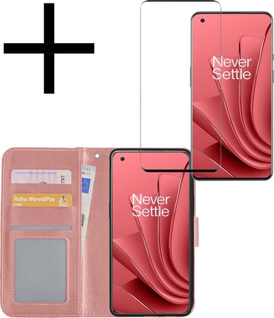 Hoesje - Met Screenprotector - Geschikt voor OnePlus 10 Pro - Luxe Pasjeshouder - Bookcase Portemonee - Flip Case - Kunstleer Book Case - Flipcase - Book Cover - Walletcase - Portemonneehoes - Rosé goud