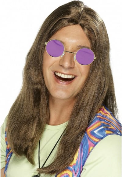 Smiffys Hippie Sixties verkleed set - Pruik lang haar bruin - bril ronde glazen paars - heren