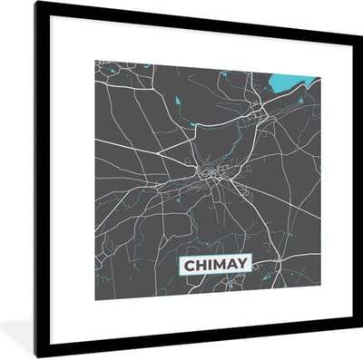 Fotolijst incl. Poster - Stadskaart – Grijs - Kaart – Chimay – België – Plattegrond - 40x40 cm - Posterlijst