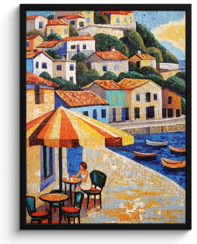 Poster in lijst - Fotolijst 50x70 cm - Posters - Kustdorp - Huisjes - Mozaïek - Zee - Posterlijst zwart - Decoratie - Wanddecoratie woonkamer - Muurdecoratie slaapkamer