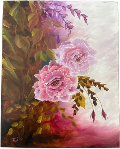 Rozen Schilderij – Olieverf Bloemen Schilderij Roze/donkerrood – Handgeschilderd – 40 x 50 cm – Riek van de Bor nr. 2