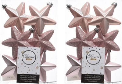 Decoris kersthanger sterren - 12x st - lichtroze - 7 cm - kunststof - kerstornamenten - kerstversiering