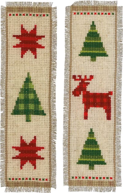 Vervaco - Bladwijzer kit - Geruite kerstbomen set van 2 - PN-0147559 - Borduren - Borduurpakket - Borduurpakket volwassenen - Borduurpakket kind
