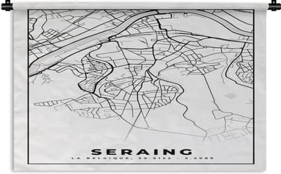 Wandkleed - Wanddoek - Zwart Wit – België – Plattegrond – Stadskaart – Kaart – Seraing - 180x120 cm - Wandtapijt