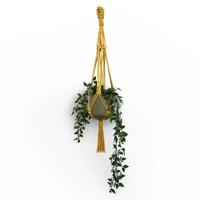 Plantenhanger 'Funky' - Kies kleur en lengte - Okergeel - 100 cm lang - Katoenkoord - Geschikt voor Pot met Diameter t/m 20 cm - Handgemaakt in ons Macramé Atelier - Prijs per Stuk - Let op: Exclusief Pot - Inclusief Verzendkosten