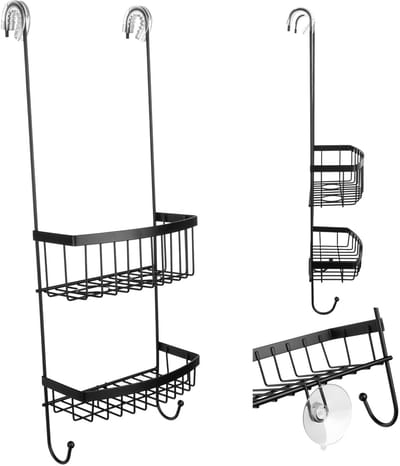 KADAX Doucheplank met twee douchemanden, 20,5 x 10 x 58 cm, doucheplank om op te hangen voor glazen douchedeuren zonder boren, ruimtebesparend badkamerrek met haken (zwart)