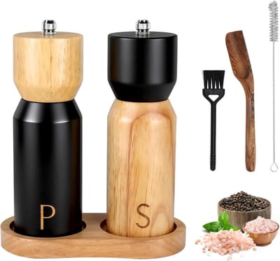 Houten Zout- en Pepermolenset - Zwart + Natuur - 15 cm - Handmatig met Keramische Maalkern - Voor Keuken