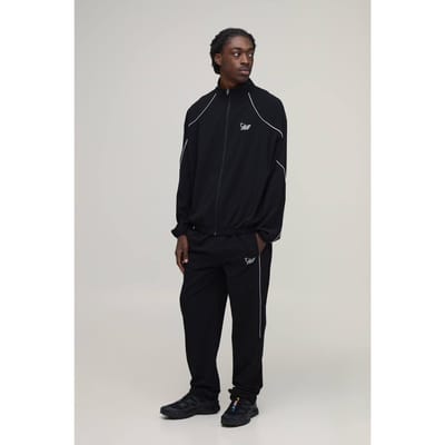 Regular Fit Technische Trainingsjack En Joggingbroek Set Met Contrasterende Biesdetail | Black | Size Small