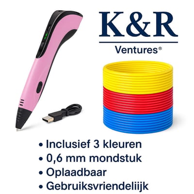 K&R Ventures® 3D Printing Pen – Inclusief 3 Kleuren PLA Filament & Oplader – 0,6 mm Mondstuk – Roze – Gebruiksvriendelijke 3D Pen voor Kinderen & Volwassenen – Creatieve Tekenset