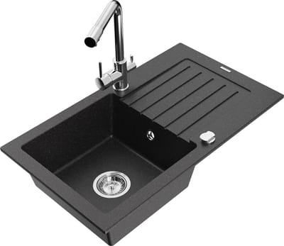 Mexen Pablo granieten spoelbak 1-koetje met afdruiprek en keukenmengkraan Duero, zwart/zilver metallic - 6510-73-671600-00