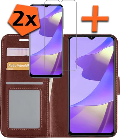 Hoes - Met 2x Screenprotector - Geschikt voor OPPO A16 - Luxe Pasjeshouder - Bookcase Portemonee - Flip Case - Kunstleer Book Case - Flipcase Hoes - Book Cover - Walletcase - PortemonneeHoes - Bruin