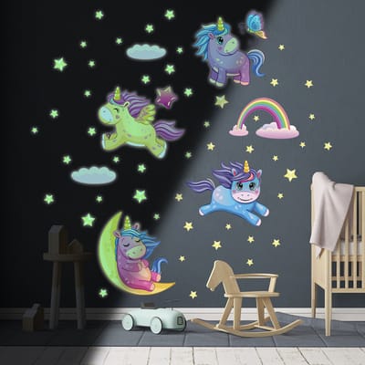 Lichtgevende sticker - EENHOORNS IN DE STERREN - Fluorescerende muur-/plafondsticker voor kinderen - 130x80cm