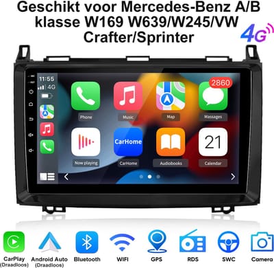 Junsun Andriod 15 Autoradio Geschikt voor Mercedes-Benz A/B-klasse W169 W639/W245/VW Crafter/Sprinter, 4+64GB, Draadloze CarPlay & Andriod Auto, DAB+, GPS-navigatie, Bluetooth, SWC, WiFi, USB, RDS, 9-inch Touchscreen, DSP, 4G, Octa-core processor