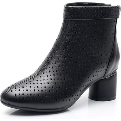 Lente Nieuwe Echt Leer Geperforeerde Dameslaarzen Middelhoge Hak Dikke Hak Gatenlaarzen Comfortabel Zachte Zool Korte Laarzen Modieuze Sandalen 41 black