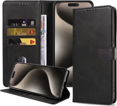 Geschikt voor iPhone 15 Pro Max Telefoonhoesje Kunstleer met Magnetisch lipje en Pasjeshouder Book Case met Klepje - Zwart - Smartphonica geschikt voor iPhone 15 Pro Max
