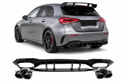 Diffuser geschikt voor Mercedes A klasse W177 hatchback 2019+ dubbele zwarte ronde uitlaatsierstukken.