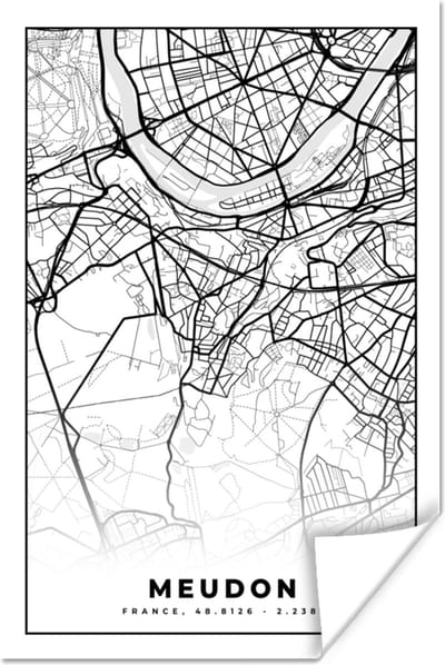 Poster Stadskaart - Plattegrond - Kaart - Frankrijk - Meudon - Zwart wit - 120x180 cm XXL