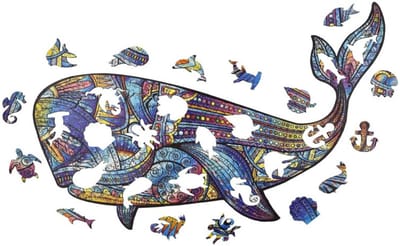 Blauwe vinvis 42 x 25 cm - Houten puzzel (200 unieke stukjes)