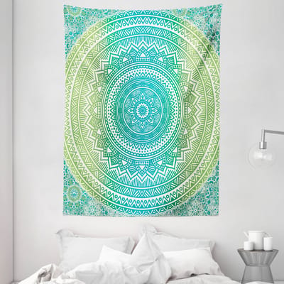 ABAKUHAUS Mandala Wandtapijt, Ombre-patroon, Woonkamer Slaapkamer Wanddoek Zijdezacht Satijn Wandtapijt, 150 x 200 cm, Teal Lime en Wit
