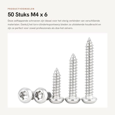 Dailygoods- Zelftappende Schroeven 50 Stuks - Torx-Cilinderkopschroeven - Roestvrij Staal - Goede Houdkracht - Duurzaam - Corrosiebestendig