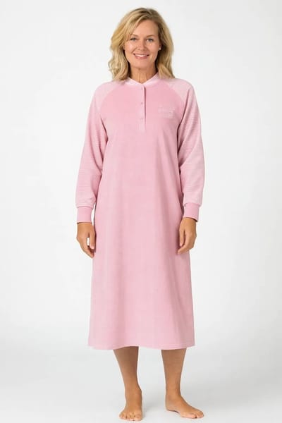Lunatex - warm dames nachthemd 224183 badstof - winter nachthemd - roze - maat L