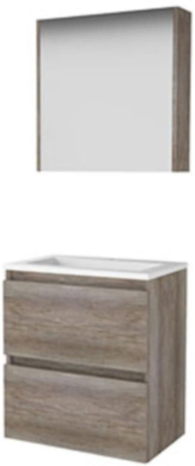 Basic-Line Comfort 39 Badkamermeubelset - Ondiep - 60 x 39 cm - Greeploos - 2 Lades - Keramische Wastafel - 1 Kraangat - Spiegelkast - Scotch Oak