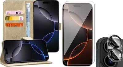 Hoesje geschikt voor iPhone 16 - Screenprotector Glas & Camera - Portemonnee Book Case Goud