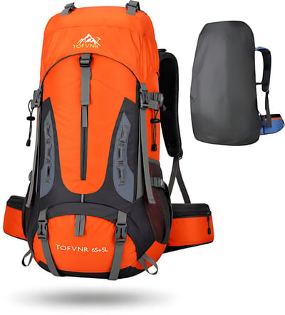 CarryQuest® 70L Hiking Rugzak - Waterdichte Backpack met Regenhoes, Rugventilatie, Laptopvak & Front-/Toploader - Oranje