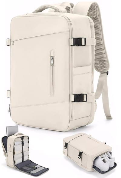 KZQ Reistas Grote Rugzak Dames Heren Waterdicht Outdoor Casual Dagrugzak Large Travel Backpack 15 Inch Laptoptas Carry on Flight Approved USB Charging Port Shoe Pouch College Bag Weekender Business gebroken wit 40L
