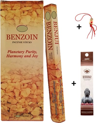Doos met 120 stokjes - Wierook - Wierookstokjes - Incense sticks - Benzoin - Benzoë + 5 mini wierookstokjes + Gelukspoppetje