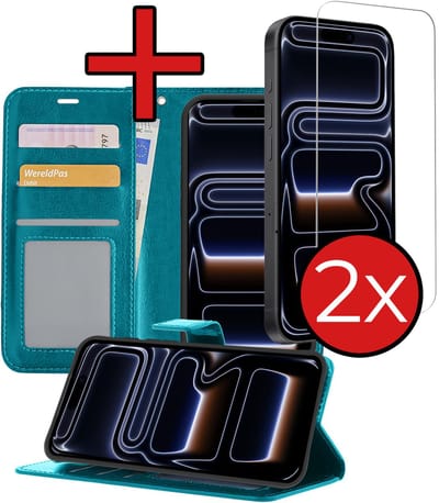 Hoesje - Met 2x Screenprotector - Geschikt voor iPhone 17 Pro / 18 Pro - Luxe Pasjeshouder - Flip Case - Bookcase Portemonee - Kunstleer Book Case - Flipcase Hoes - Book Cover - Walletcase - Portemonneehoes - Telefoonhoes - Turquoise