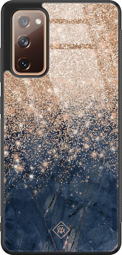 Casimoda® hoesje - Geschikt voor Samsung Galaxy S20 FE - Marmer Blauw Rosegoud - Luxe Hard Case Zwart - Backcover telefoonhoesje - Rosekleurig