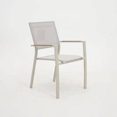 VITA - Stapelstoel Games - Cream - Tuinstoel - Polywood armleuning - Teaklook - Textielene zitting en rug - Aluminium onderstel - Dubbel gepoedercoat - Handvat achterzijde - Vita tuinmeubelen