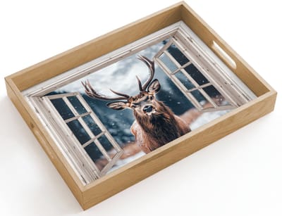 Dienblad hout 40x30 cm - Schootdienblad - Hert - Dieren - Landschap - Winter - Sneeuw - Doorkijk - Natuur - Borrelplank rechthoek - Plateau dienbladen