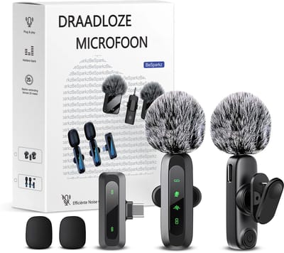 BeSparkz 2 in 1 Luxe Draadloze Microfoon - 2 Stuks - Lavalier - Windshields - Dasspeld - Lange Batterij - USB-C/Lightning - 2 Stuks - Plug & Play
