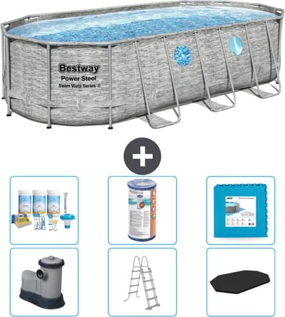 Bestway Ovaal Power Steel Swim Vista Zwembad - Steenprint - 549 x 274 x 122 - Inclusief Pomp - Ladder - Afdekzeil Onderhoudspakket - Filter - Vloertegels
