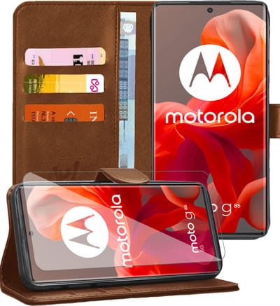 Hoesje geschikt voor Motorola Moto G85 - Screenprotector Volledig Dekkend Glas - Portemonnee Book Case Bruin