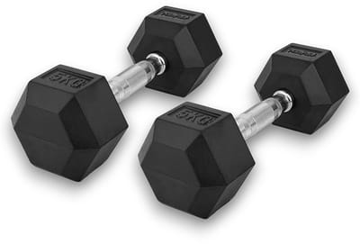 KRAKEN 2x 5 kg Hexagon Dumbbell Set (=10 kg) - Zeshoekige Hex Halter - Massief Gietijzer met Dikke Rubber Coating - Chroomstaal Greep 2,7 cm - Greepbreedte 13 cm - Gewichtdiameter 10,9 cm - Stabiele Anti-Wegrol Vorm - Dumbel Hand Gewichten Gym