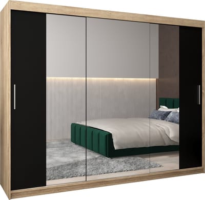 InspireMe - Kledingkast met 3 schuifdeuren, Modern-stijl, Kledingkast met planken (BxHxD): 250x200x62 - TORM II 250 Sonoma Eik + Zwart Mat